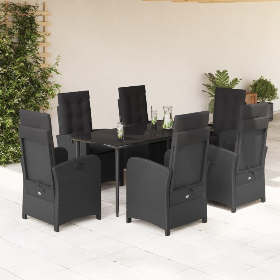Set mobilier de grădină cu perne, 7 piese, negru, poliratan