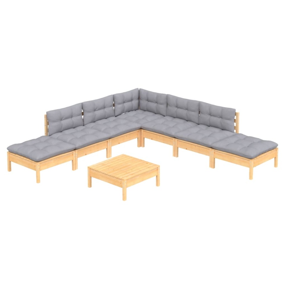 Set mobilier de grădină cu perne, 8 piese, gri, lemn de pin - 2 | YEO