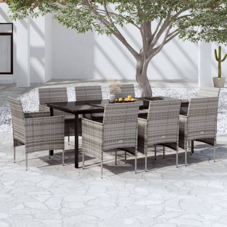 Set mobilier de grădină cu perne, 9 piese, gri și negru