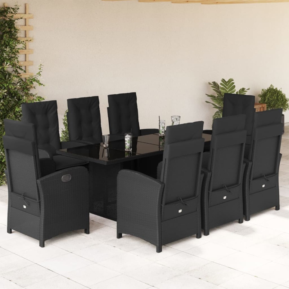 Set mobilier de grădină cu perne, 9 piese, negru, poliratan