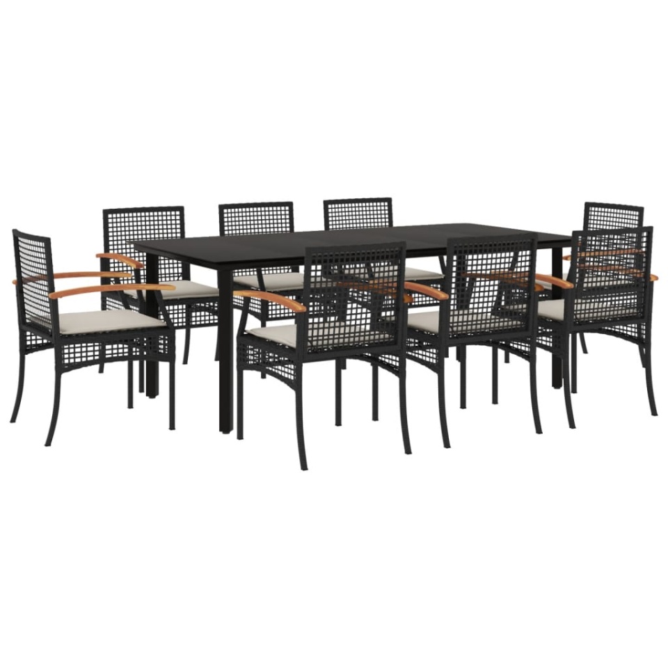 Set mobilier de grădină cu perne, 9 piese, negru, poliratan - 1 | YEO
