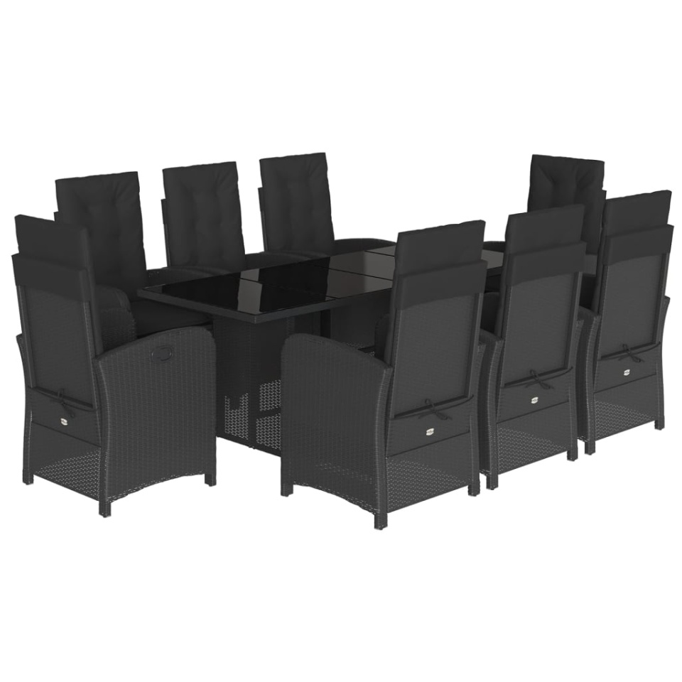 Set mobilier de grădină cu perne, 9 piese, negru, poliratan - 1 | YEO