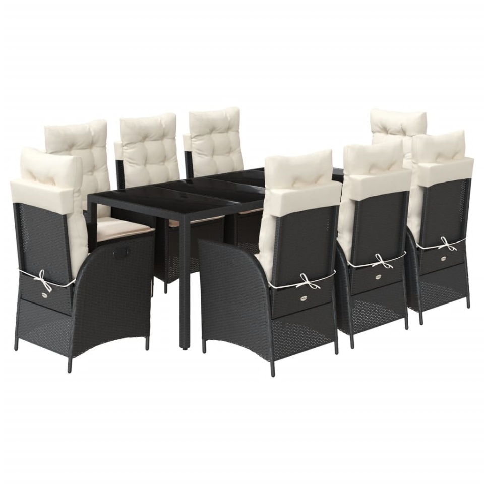 Set mobilier de grădină cu perne, 9 piese, negru, poliratan - 1 | YEO