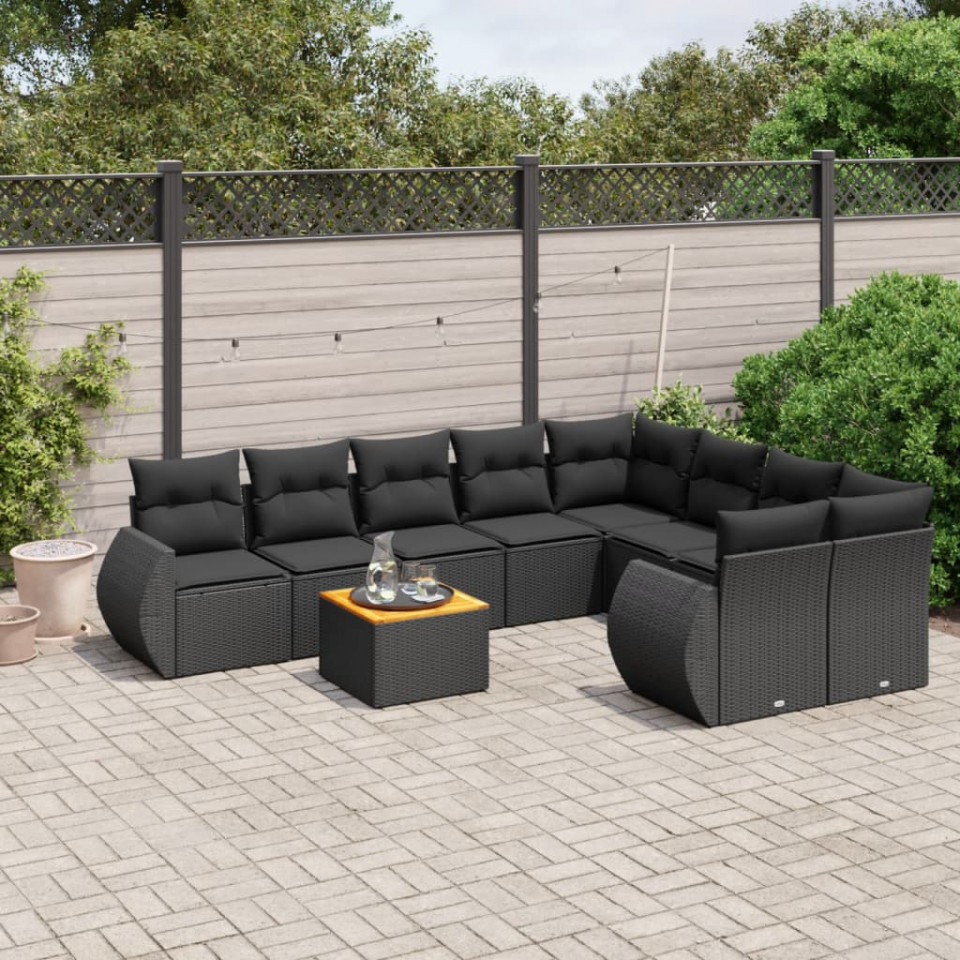 Set mobilier de grădină cu perne, 9 piese, negru, poliratan