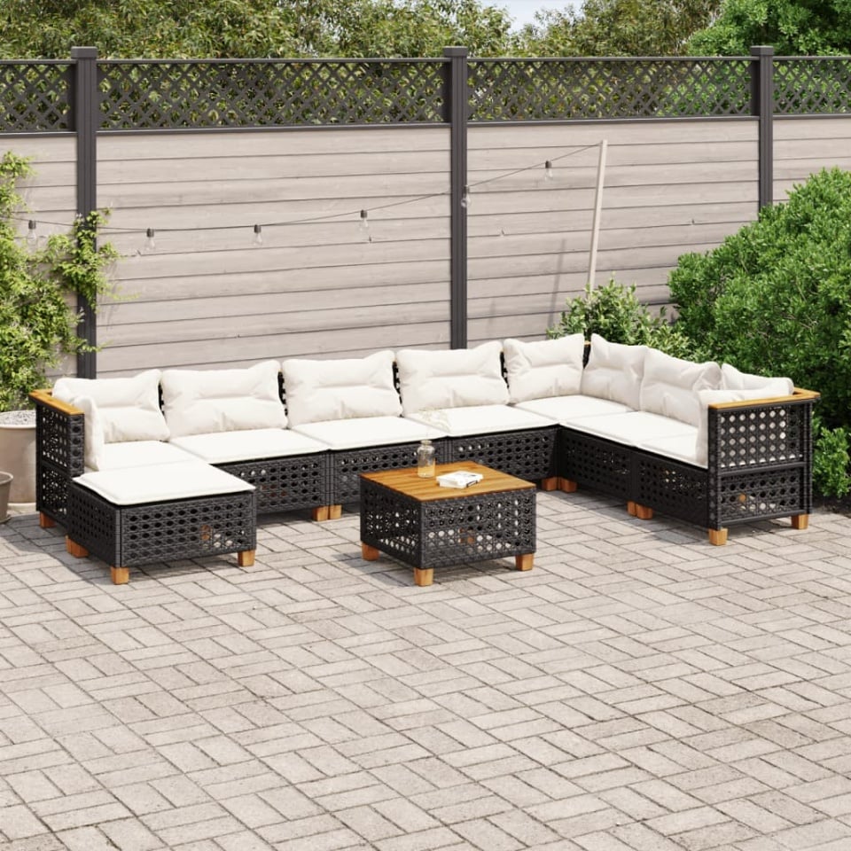 Set mobilier de grădină cu perne, 9 piese, negru, poliratan