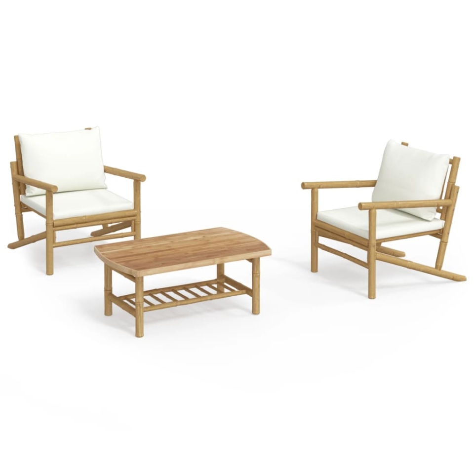Set mobilier de grădină, cu perne alb crem, 3 piese, bambus - 1 | YEO