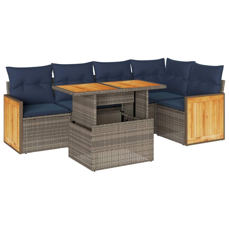 Set mobilier grădină cu perne 6 piese gri poliratan/lemn acacia - 1 | YEO