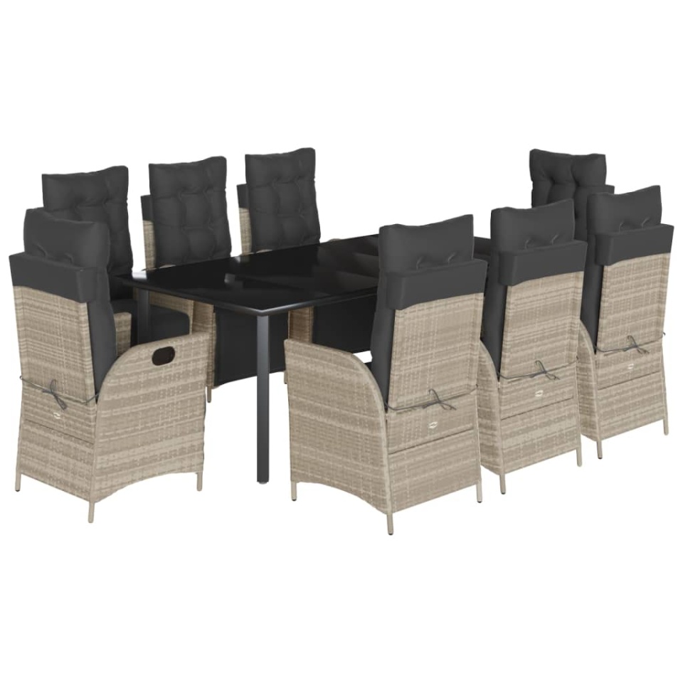 Set mobilier grădină cu perne, 9 piese, gri deschis, poliratan - 1 | YEO