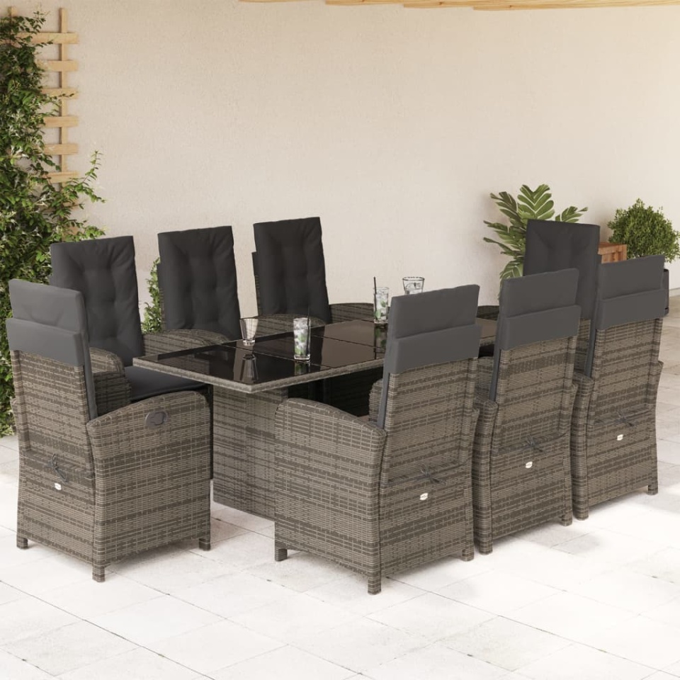 Set mobilier grădină cu perne, 9 piese, gri, poliratan