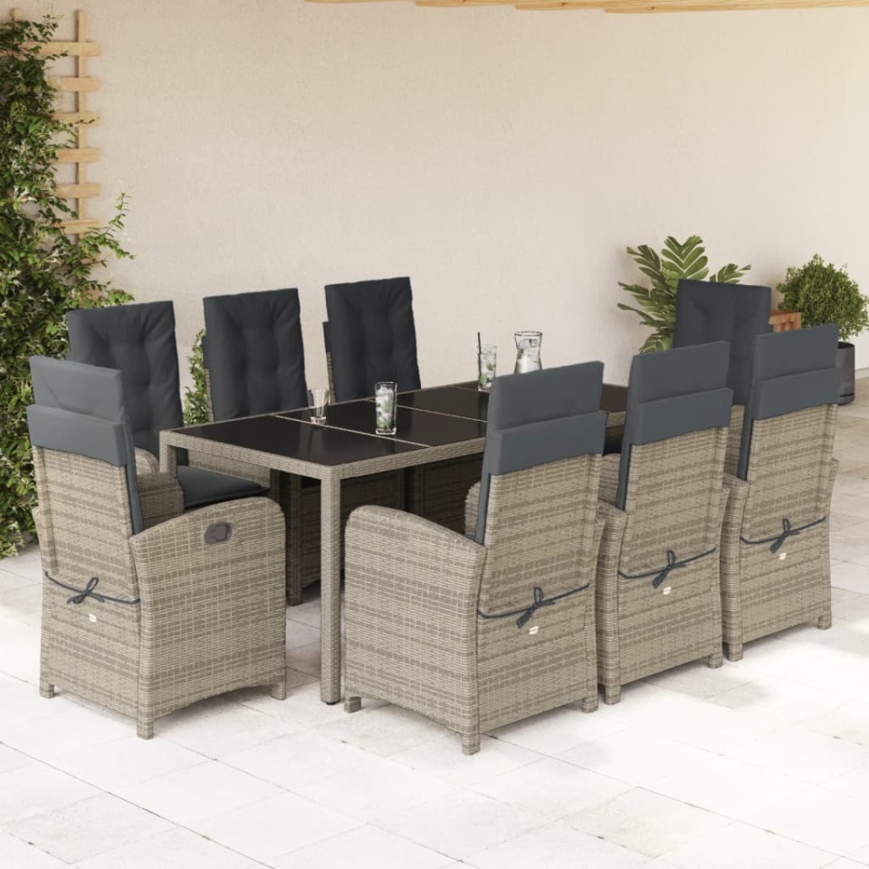 Set mobilier grădină cu perne, 9 piese, gri, poliratan