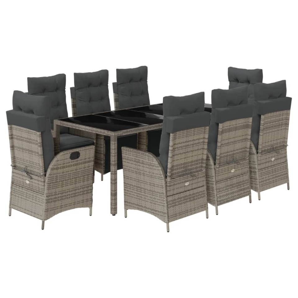 Set mobilier grădină cu perne, 9 piese, gri, poliratan - 1 | YEO