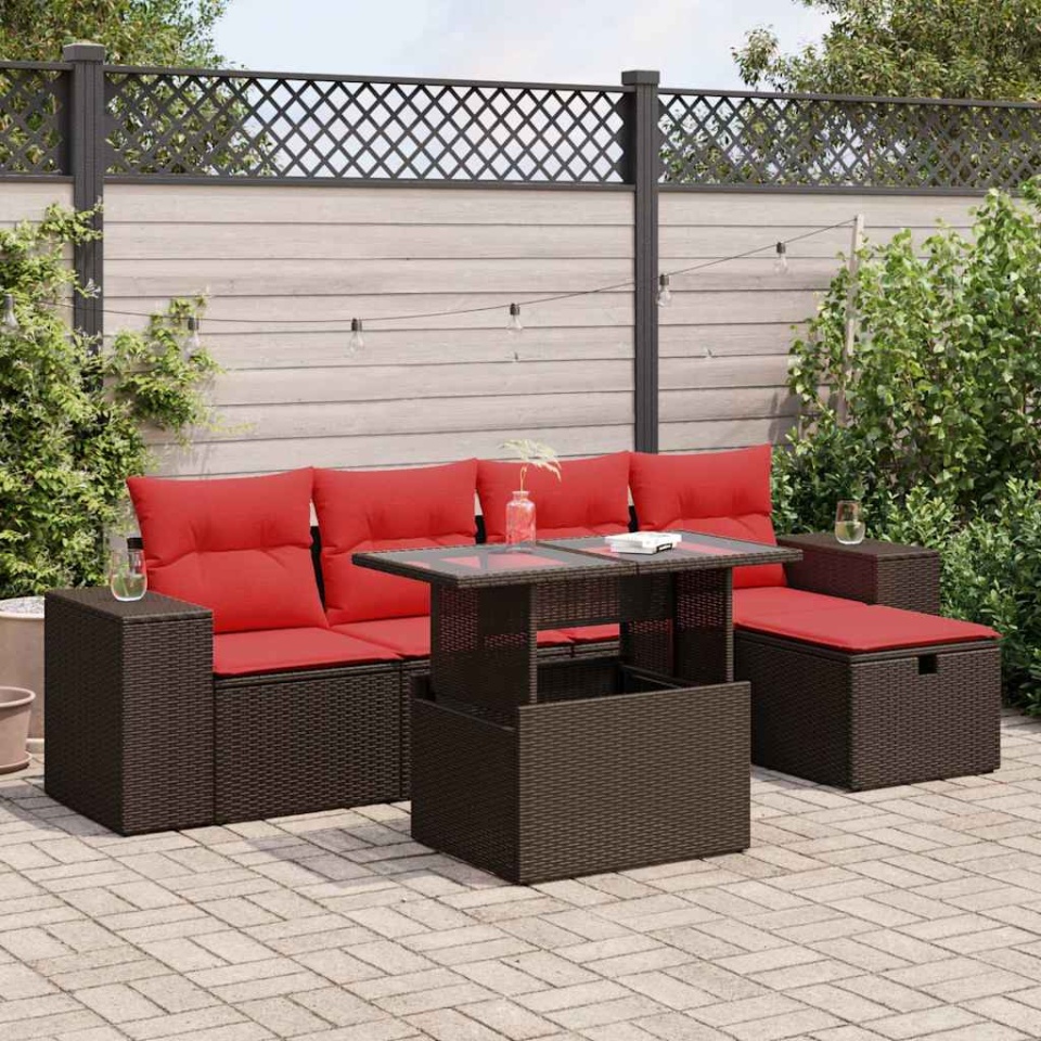 Set mobilier grădină perne 6 piese negru poliratan/lemn acacia