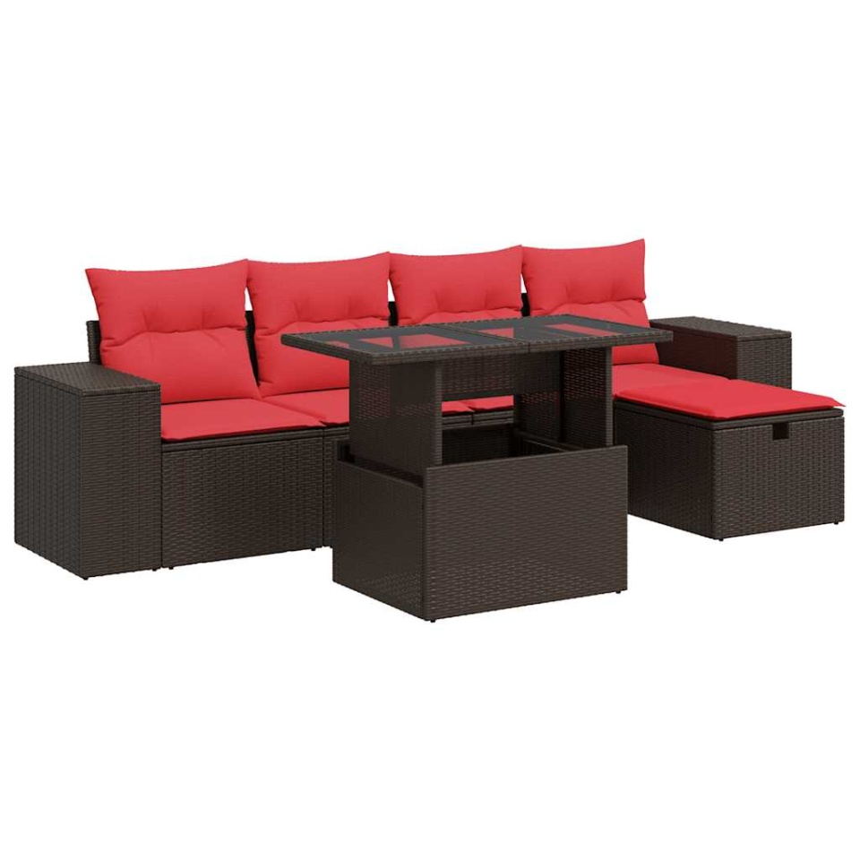 Set mobilier grădină perne 6 piese negru poliratan/lemn acacia - 1 | YEO