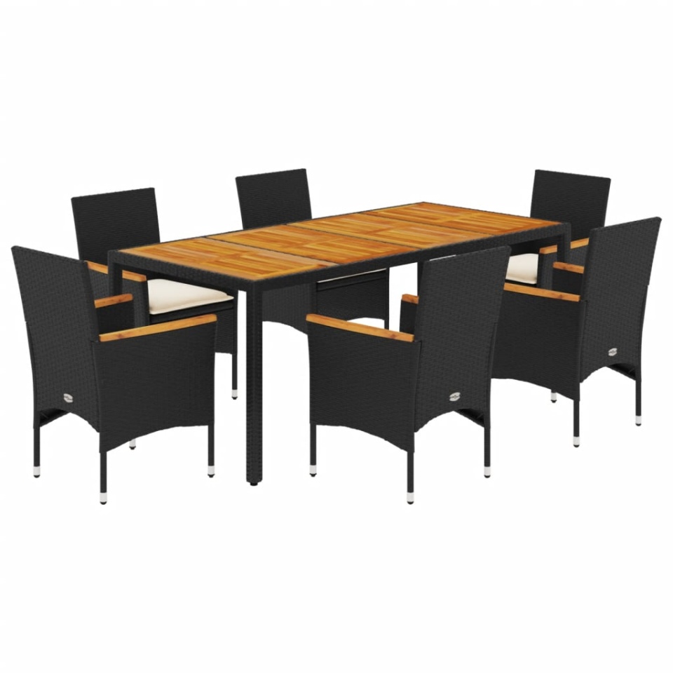 Set mobilier grădină perne 7 piese negru poliratan/lemn acacia - 1 | YEO
