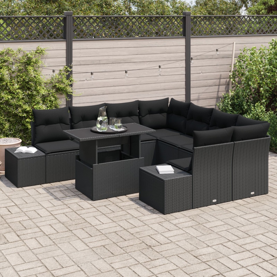 Set Sofă Grădină 9 Piese Negru Ratan, Poliester, Sticlă - 2 | YEO
