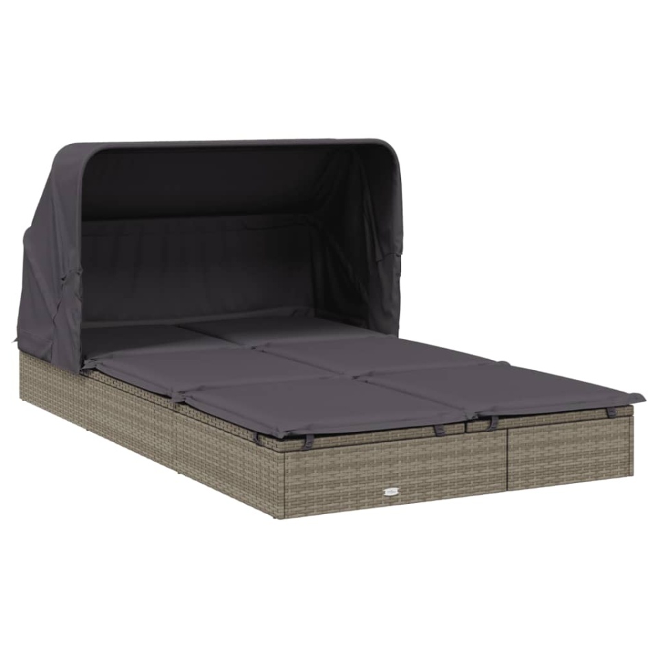 Șezlong 2 pers. acoperiș pliabil gri 213x118x97 cm poliratan - 3 | YEO