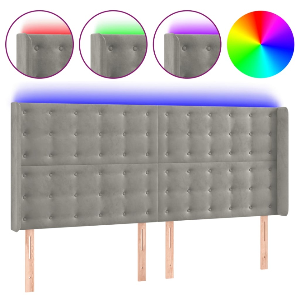Tăblie de pat cu LED, gri deschis, 203x16x118/128 cm, catifea - 1 | YEO