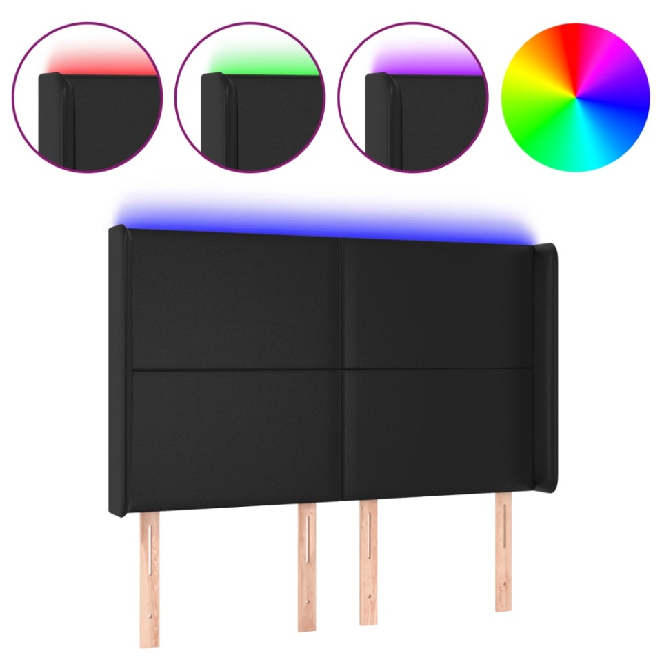 Tăblie de pat cu LED, negru, 147x16x118/128 cm, piele ecologică - 1 | YEO