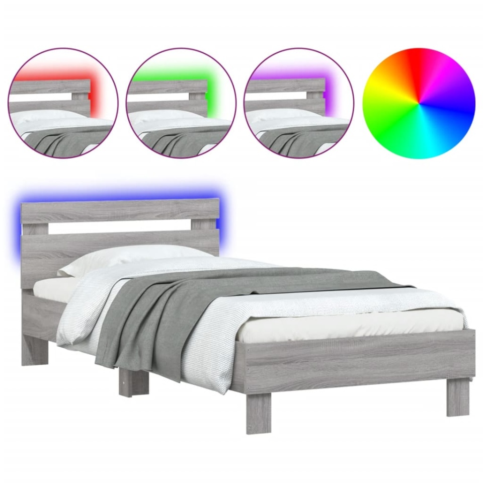 Cadru de pat cu tăblie și lumini LED, gri sonoma, 90x190 cm - 1 | YEO