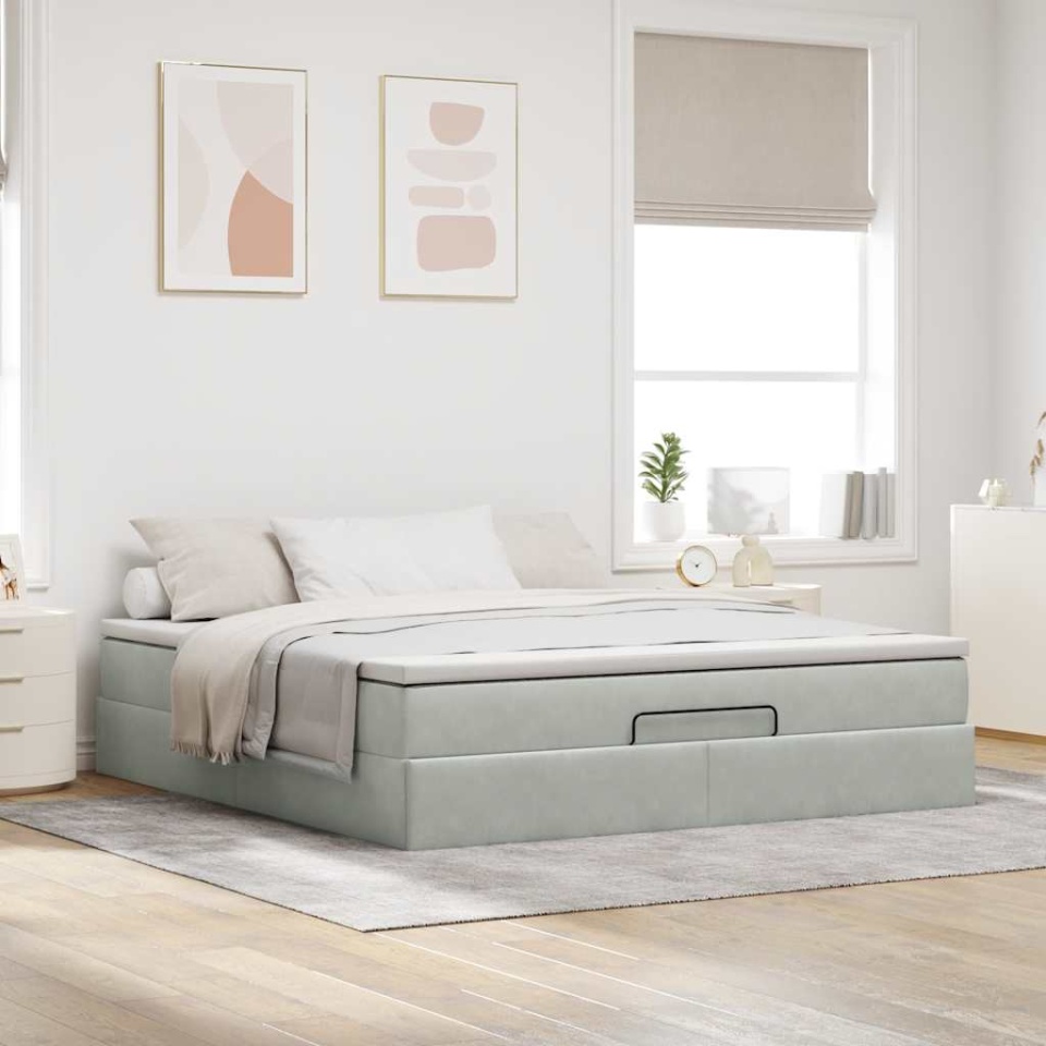 Cadru de pat otoman cu saltea Gri deschis 180x200cm catifea - 2 | YEO