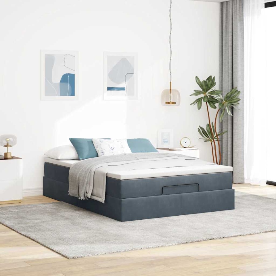 Cadru de pat otoman cu saltea Gri închis 140x200cm catifea - 2 | YEO