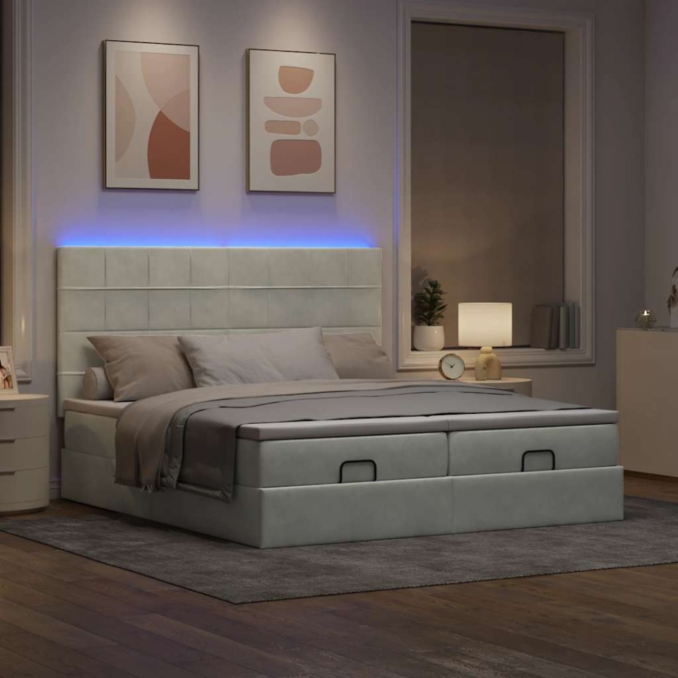 Cadru de pat otoman cu saltele Gri deschis 180x200cm catifea - 2 | YEO