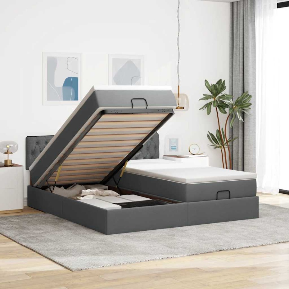 Cadru de pat otoman cu saltele Gri închis 180x200cm țesătură