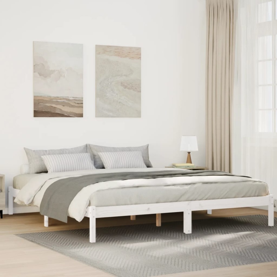 Cadru pat foarte lung fără saltea alb 180x210 cm lemn masiv pin