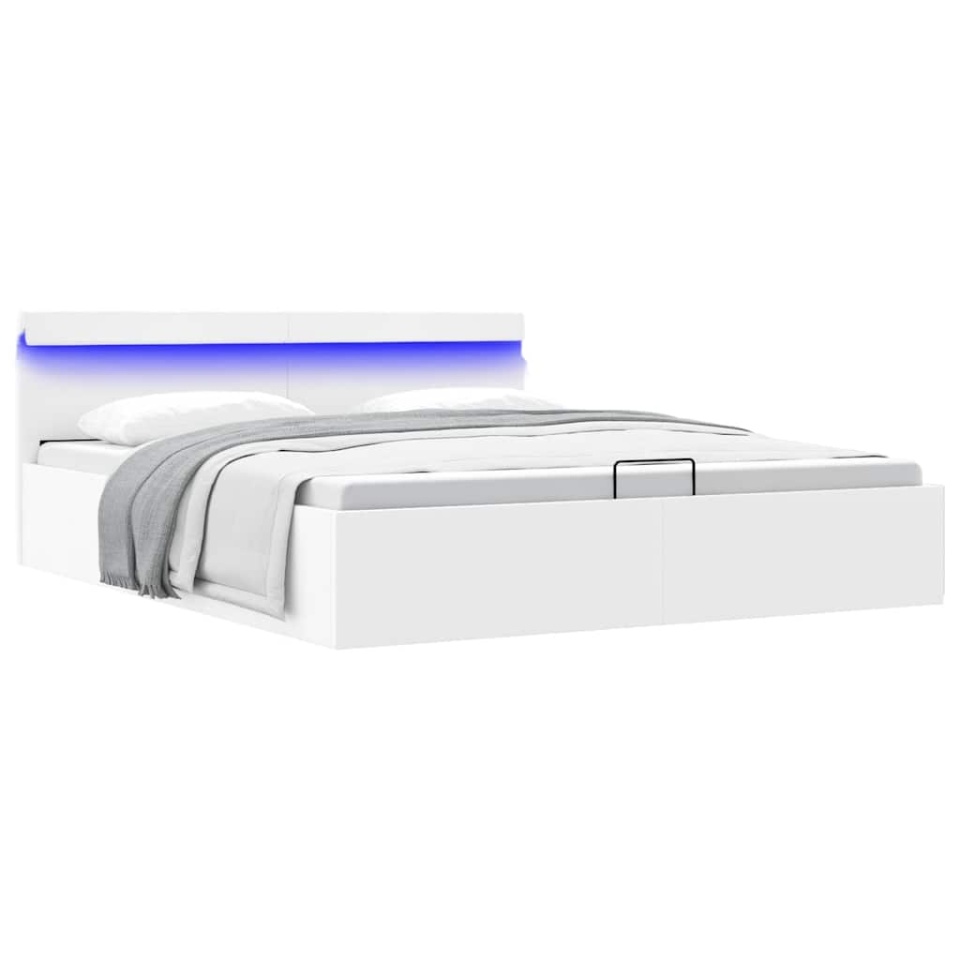 Cadru pat hidraulic cu ladă LED alb 160x200 cm, piele ecologică