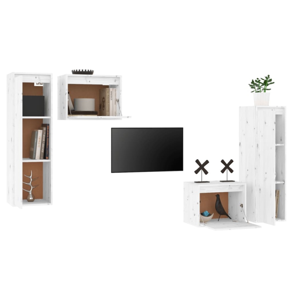 Comode TV, alb, 4 buc., lemn masiv de pin - 3 | YEO