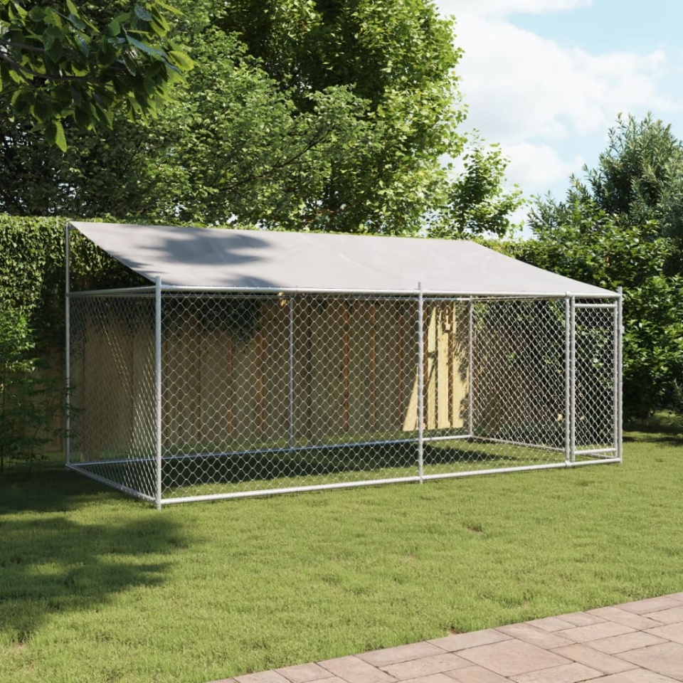Cușcă câini cu acoperiș și uși, gri, 4x2x2 m, oțel galvanizat - 2 | YEO