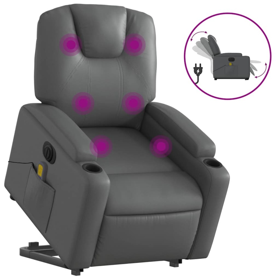 Fotoliu masaj rabatabil electric cu ridicare, gri, piele eco - 1 | YEO