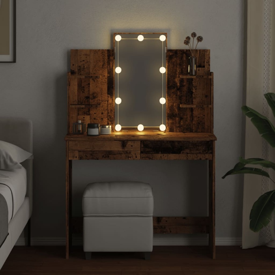 Masă de toaletă cu LED-uri, lemn vechi, 96x40x142 cm - 3 | YEO