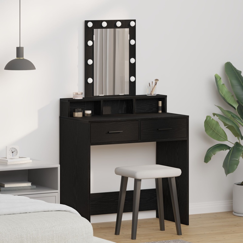 Masă de toaletă cu lumini LED, Neagră cu Stejar, 79x41x140 cm