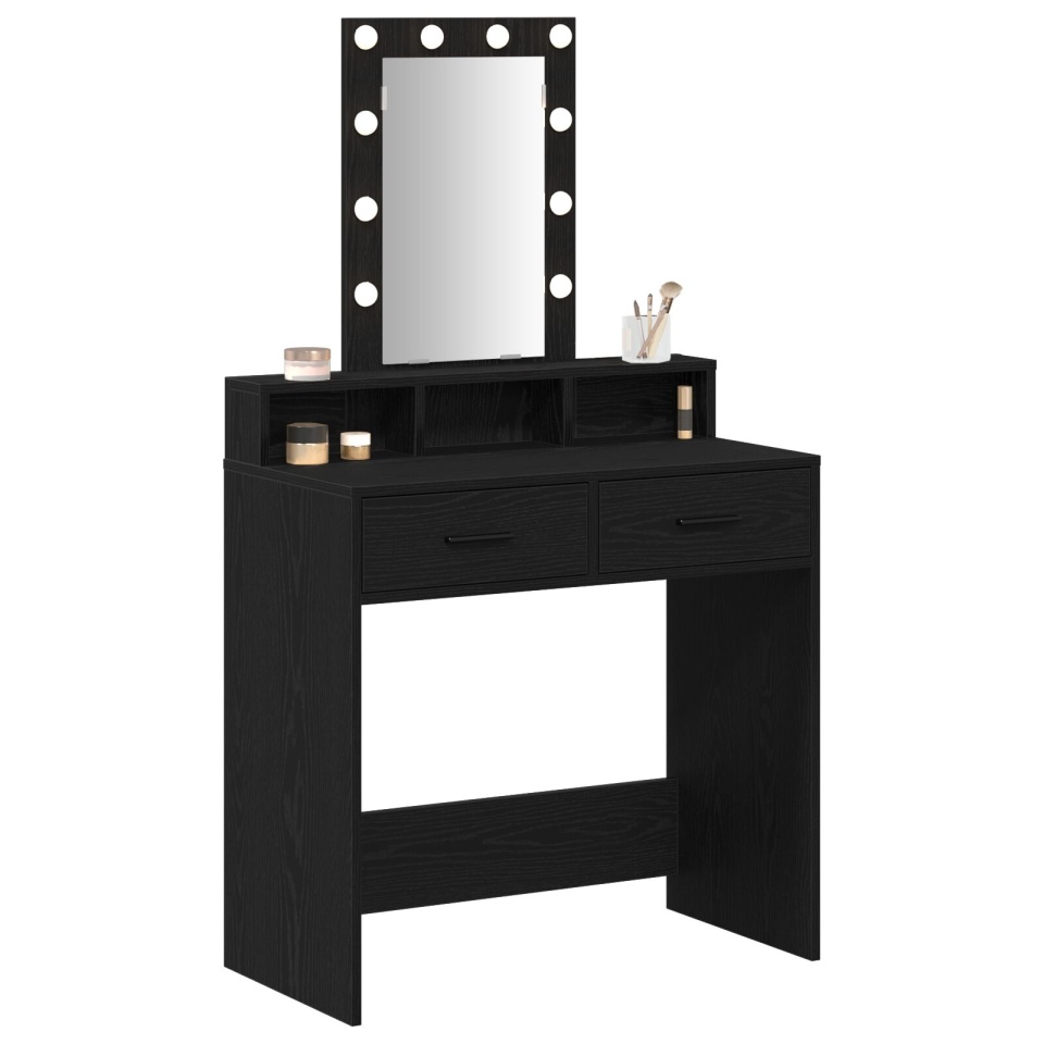 Masă de toaletă cu lumini LED, Neagră cu Stejar, 79x41x140 cm - 2 | YEO