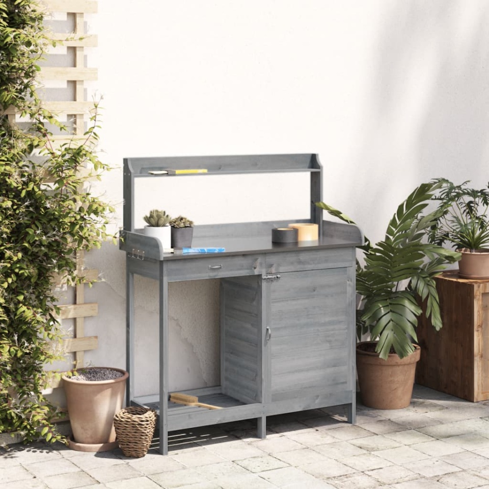 Masă plantare cu dulap, gri, 110,5x45x124,5 cm lemn masiv brad - 2 | YEO