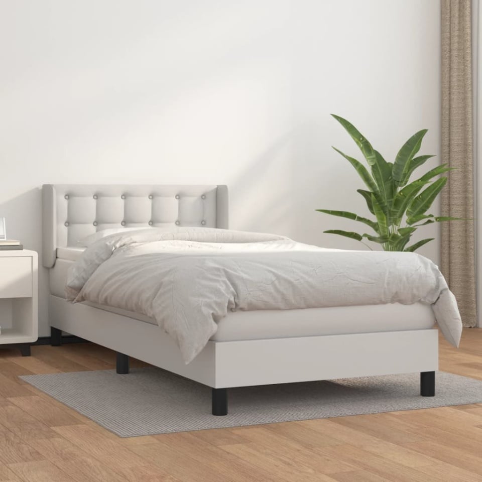 Pat box spring cu saltea, alb, 90x190 cm, piele ecologică