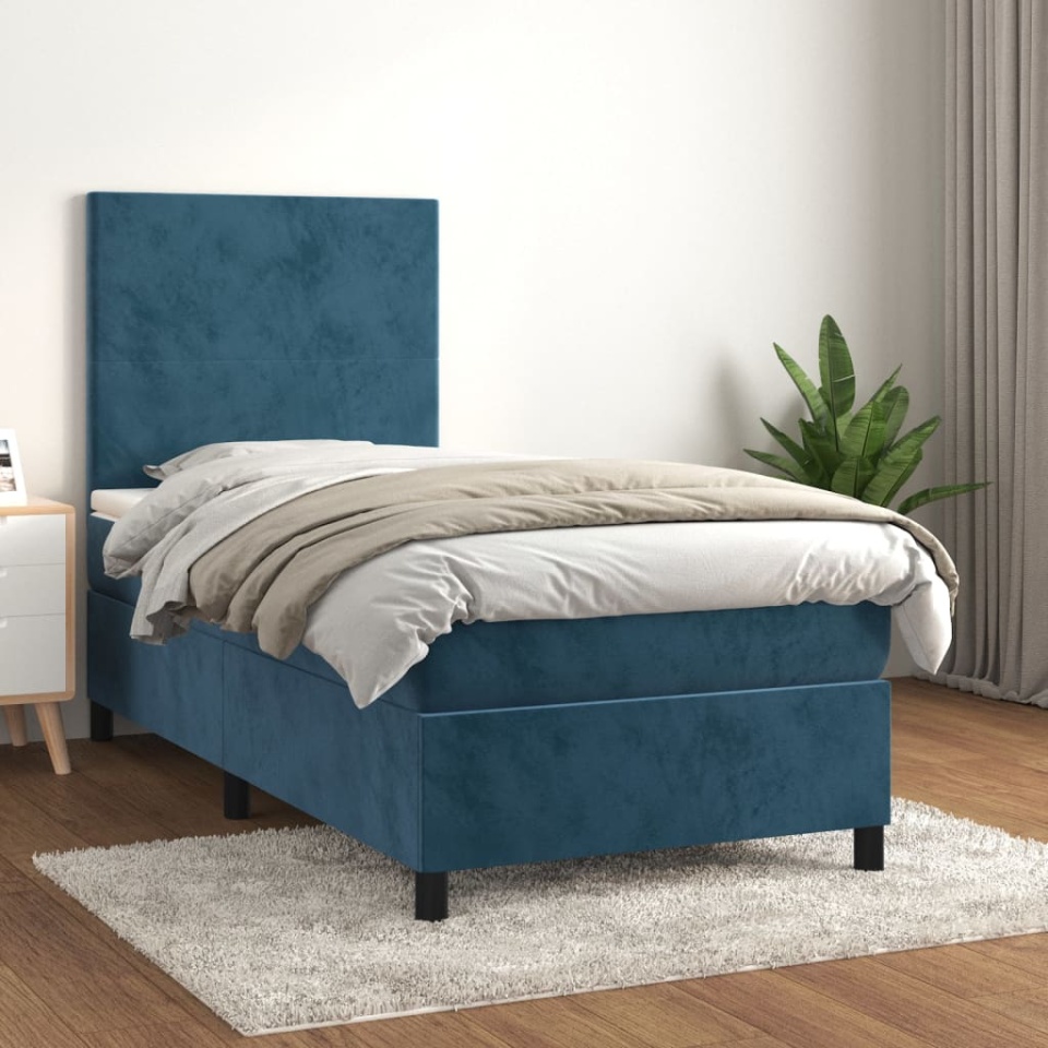 Pat box spring cu saltea, albastru închis, 90x190 cm, catifea