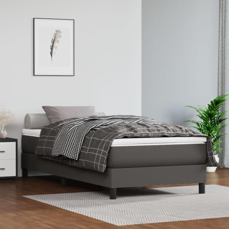 Pat box spring cu saltea, gri, 100x200 cm, piele ecologică