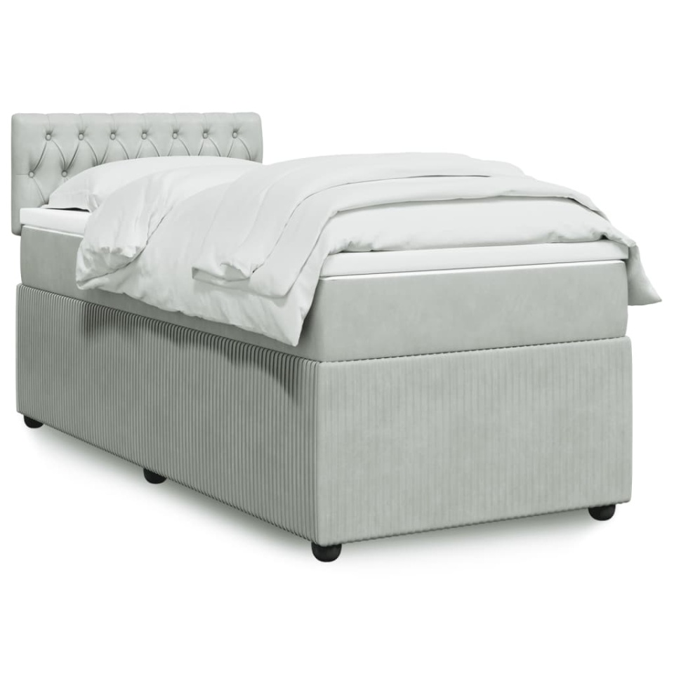 Pat box spring cu saltea, gri deschis, 90x190 cm, catifea
