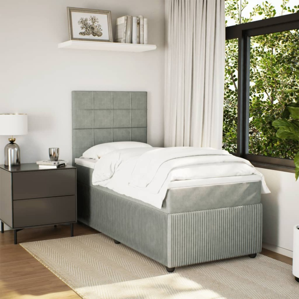 Pat box spring cu saltea, gri deschis, 90x190 cm, catifea - 2 | YEO