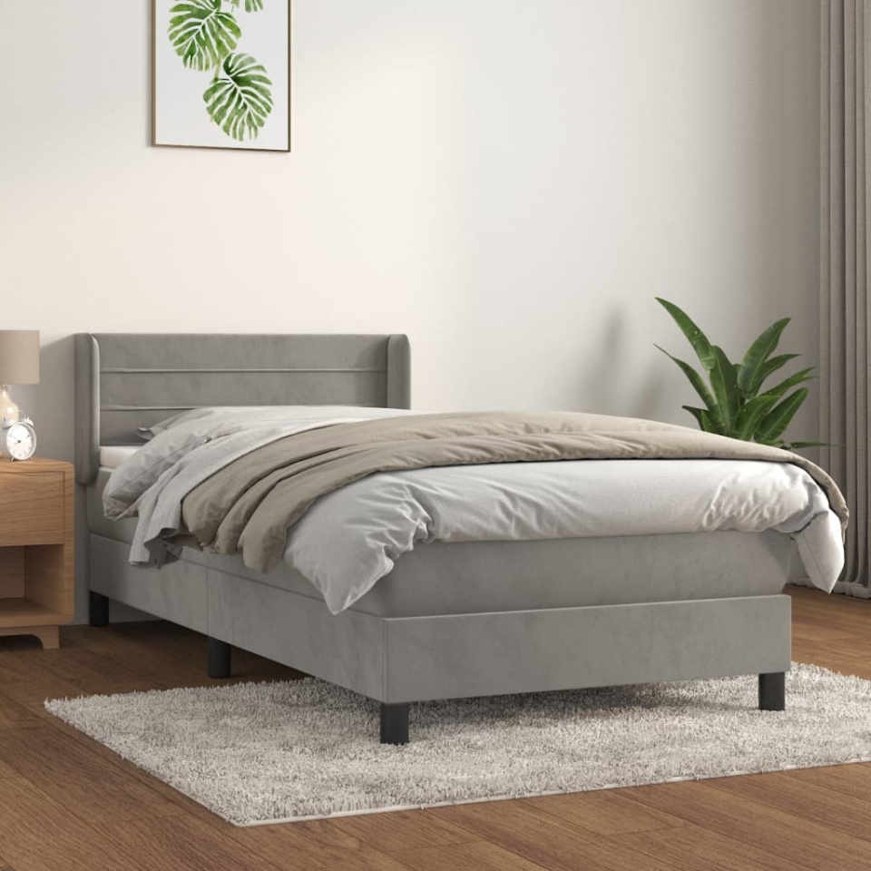 Pat box spring cu saltea, gri deschis, 90x190 cm, catifea