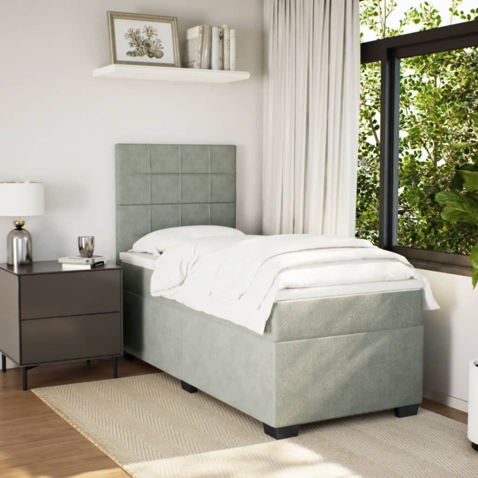 Pat box spring cu saltea, gri deschis, 90x200 cm, catifea - 2 | YEO