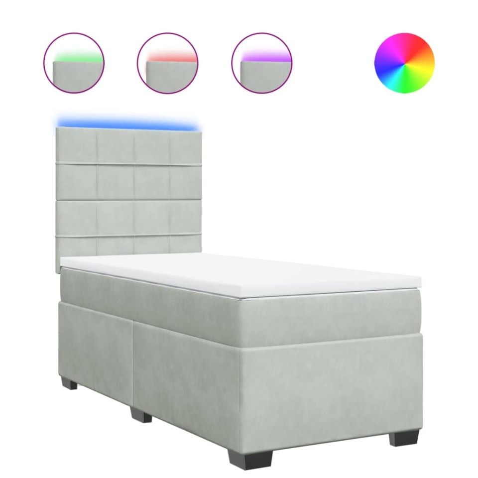 Pat box spring cu saltea, gri deschis, 90x200 cm, catifea - 1 | YEO