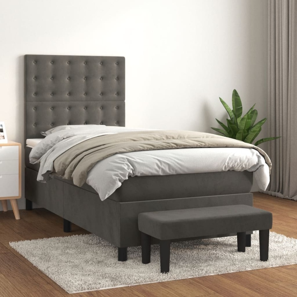 Pat box spring cu saltea, gri închis, 100x200 cm, catifea