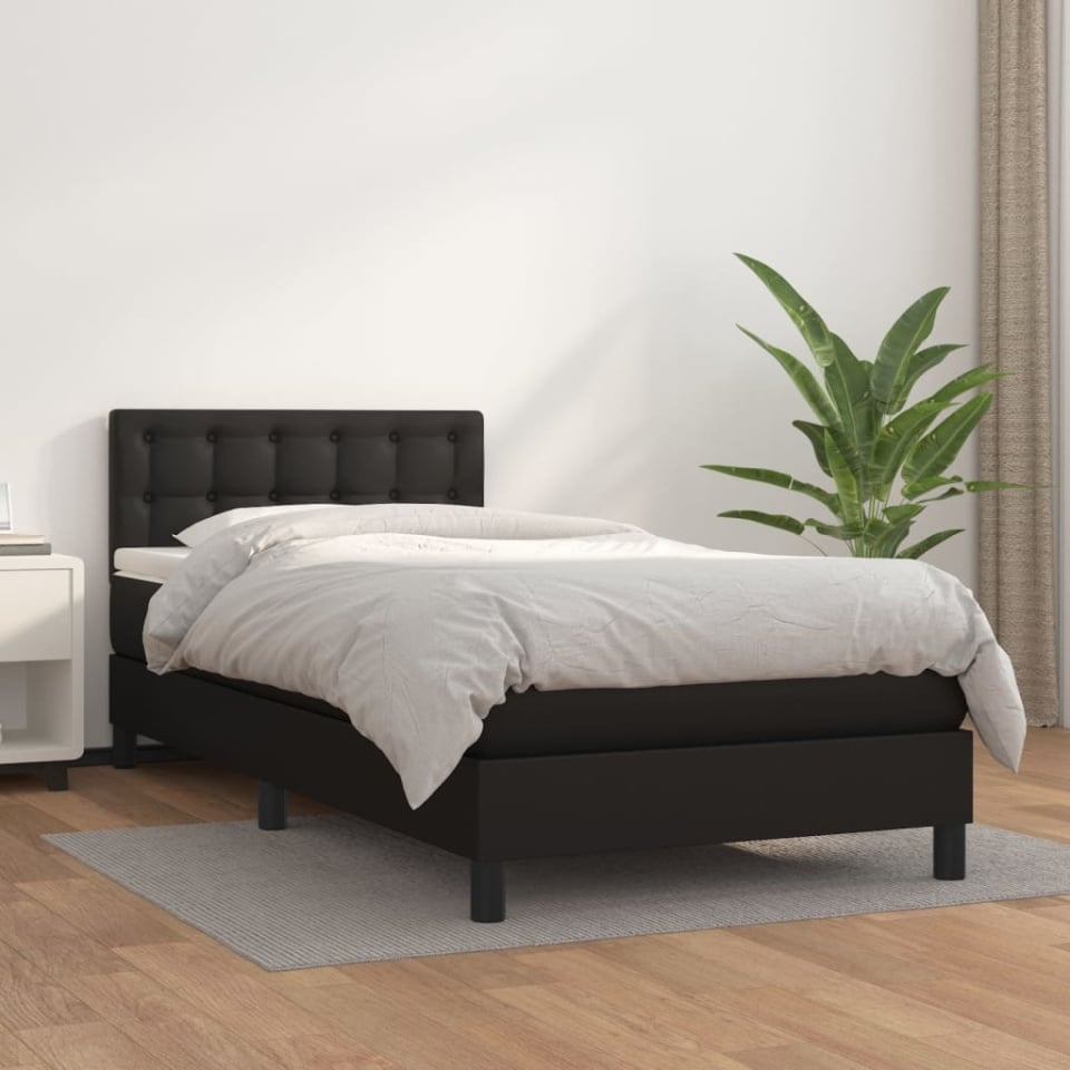 Pat box spring cu saltea, negru, 80x200 cm, piele ecologică