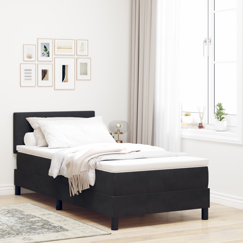 Pat box spring cu saltea, negru, single, catifea