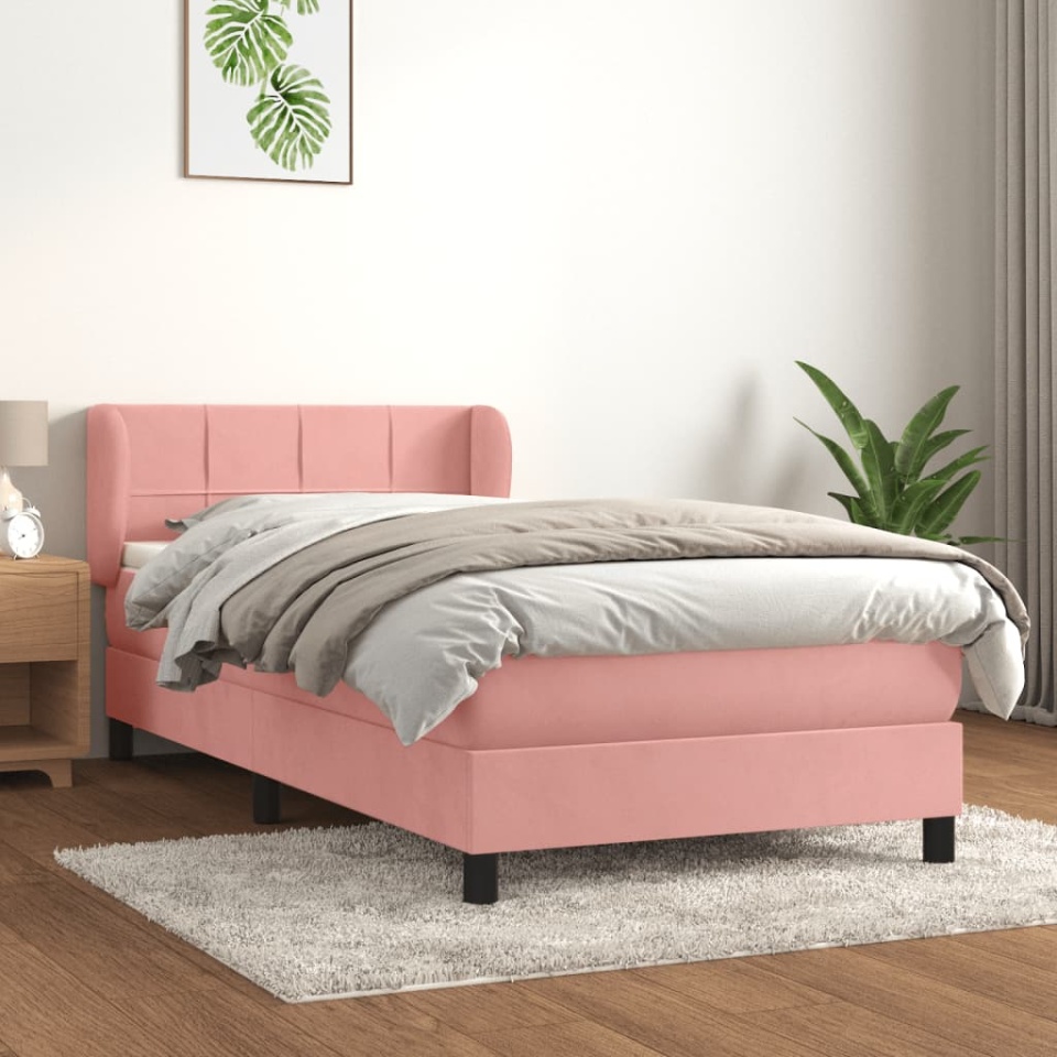 Pat box spring cu saltea, roz, 100x200 cm, catifea