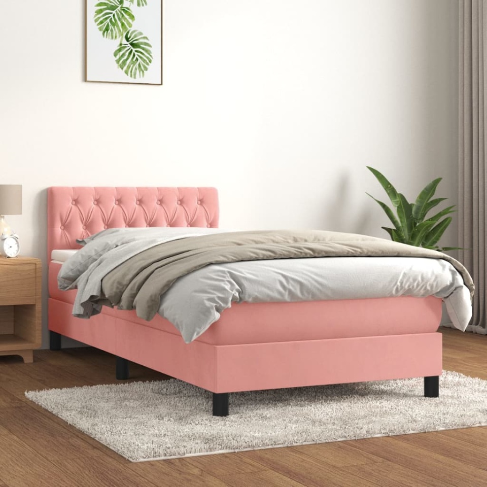 Pat box spring cu saltea, roz, 90x200 cm, catifea