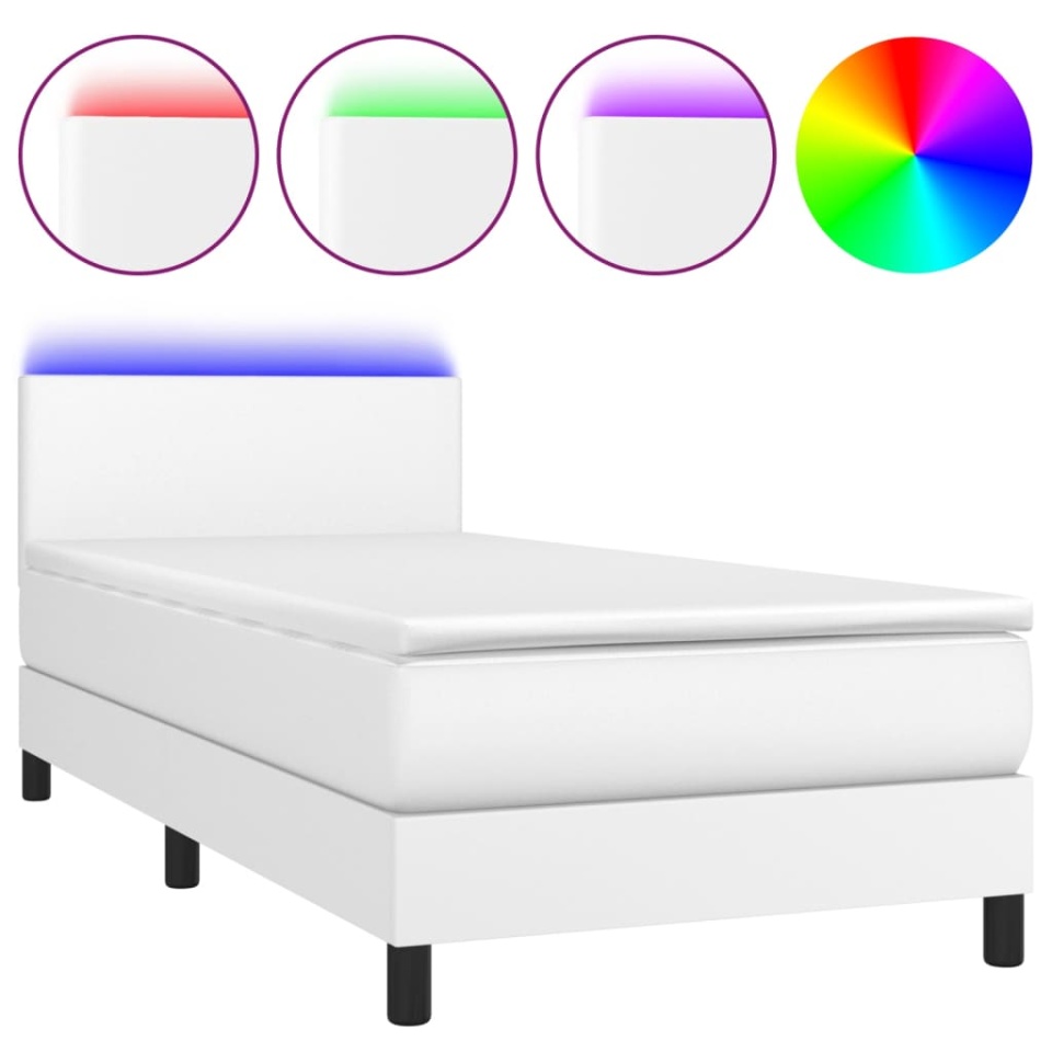 Pat continental cu saltea & LED, alb, 90x200 cm, piele eco - 1 | YEO